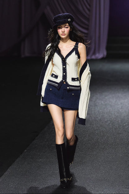 Contrast Knit Cardigan, V-Neck Tank & A-Line Skort Three-Piece Set
