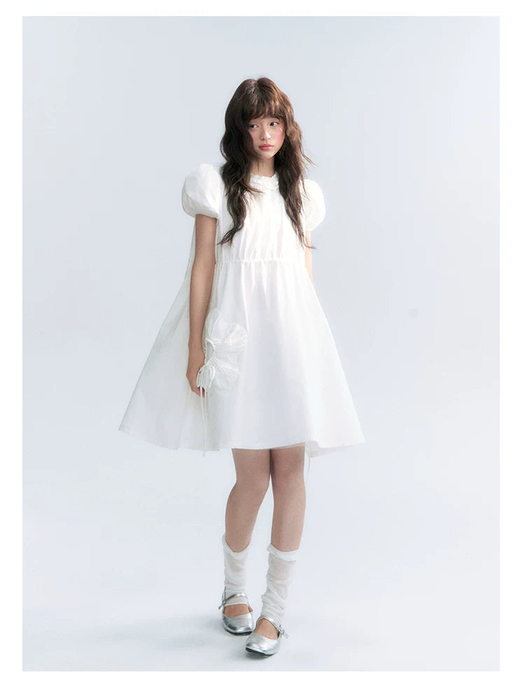 "Puff Doll Dress" Ruffle Trim Puff Sleeve Cotton A-Line Dress (White/ Black)