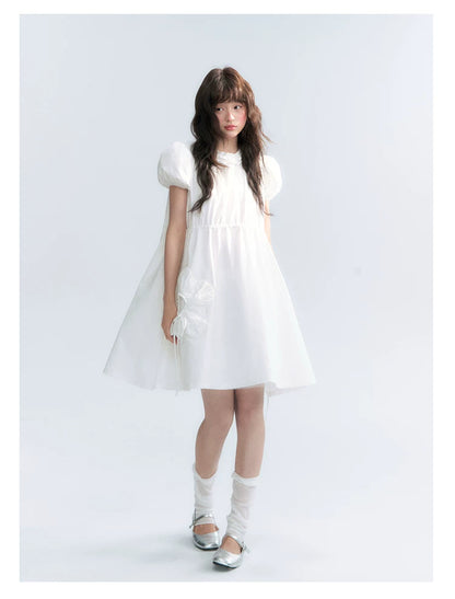 "Puff Doll Dress" Ruffle Trim Puff Sleeve Cotton A-Line Dress (White/ Black)
