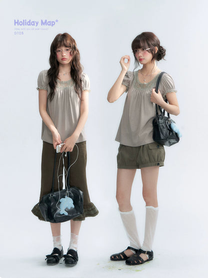 "Vintage Cream" Milk Gray Lace Trim Puff Sleeve T-Shirt
