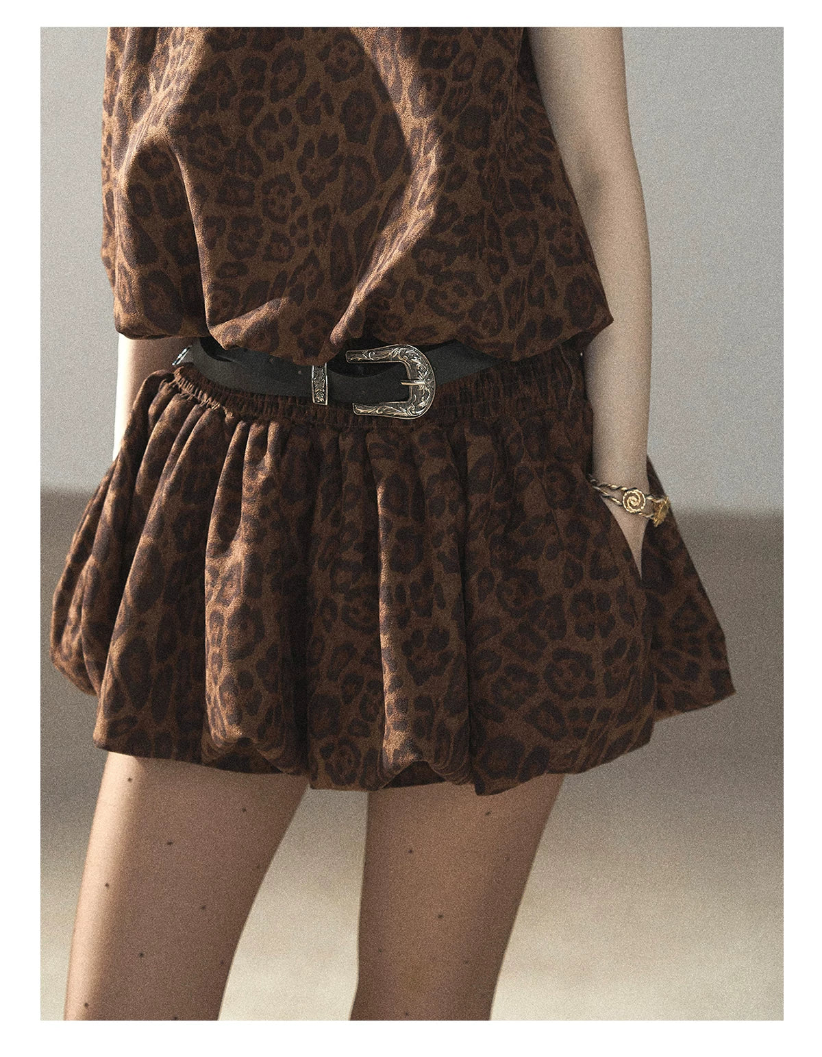 AOMALM - Merlot Leopard Print Bubble Sleeve Dress with Vintage Belt