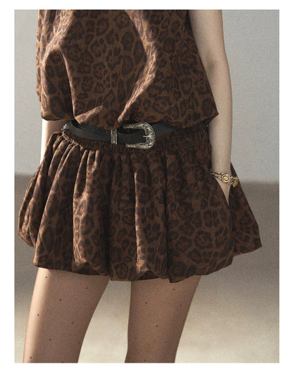 AOMALM - Merlot Leopard Print Bubble Sleeve Dress with Vintage Belt