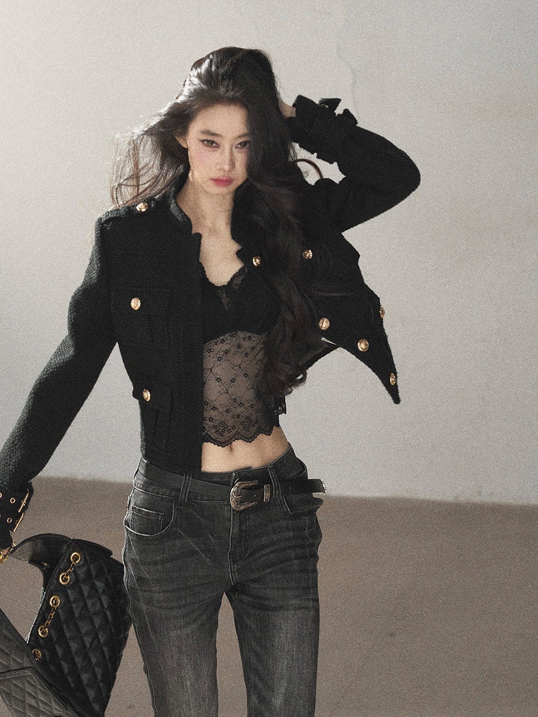 AOMALM - “Obsidian Wilderness” Black Cropped Multi-Pocket Tweed-Style Jacket
