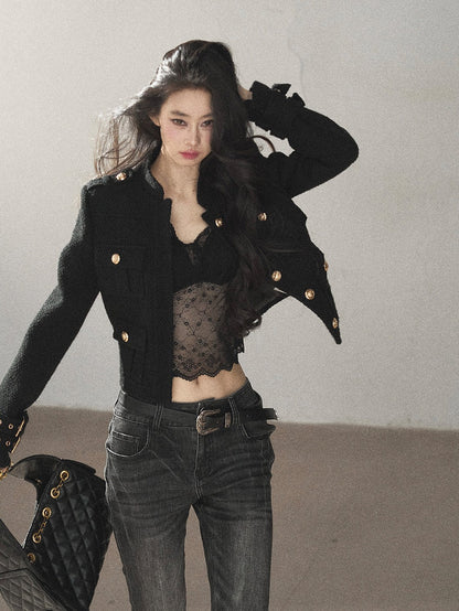 AOMALM - “Obsidian Wilderness” Black Cropped Multi-Pocket Tweed-Style Jacket