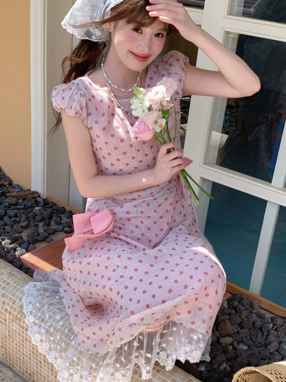 [RF] “Pink Mist Polka” Vintage Polka Dot Maxi Dress