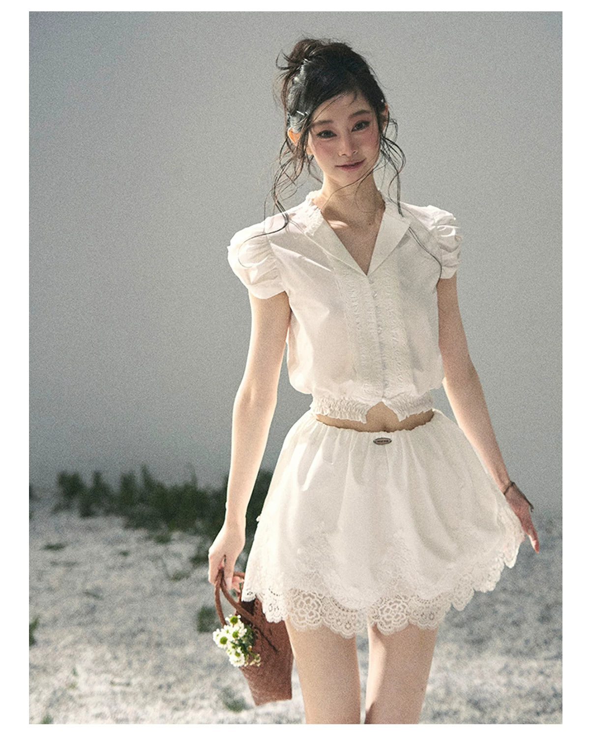 "Rose Petals in Secret" Cloud White Lace Two-Piece Skirt Set 142453