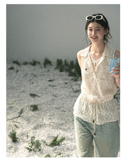 “Summer Breeze Kissing the Hem” Ivory Lace Layered Sleeveless Top