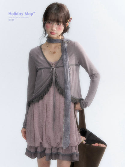 "Misty Lavender Reverie" Vintage Floral Lace Trim Midi Slip Dress