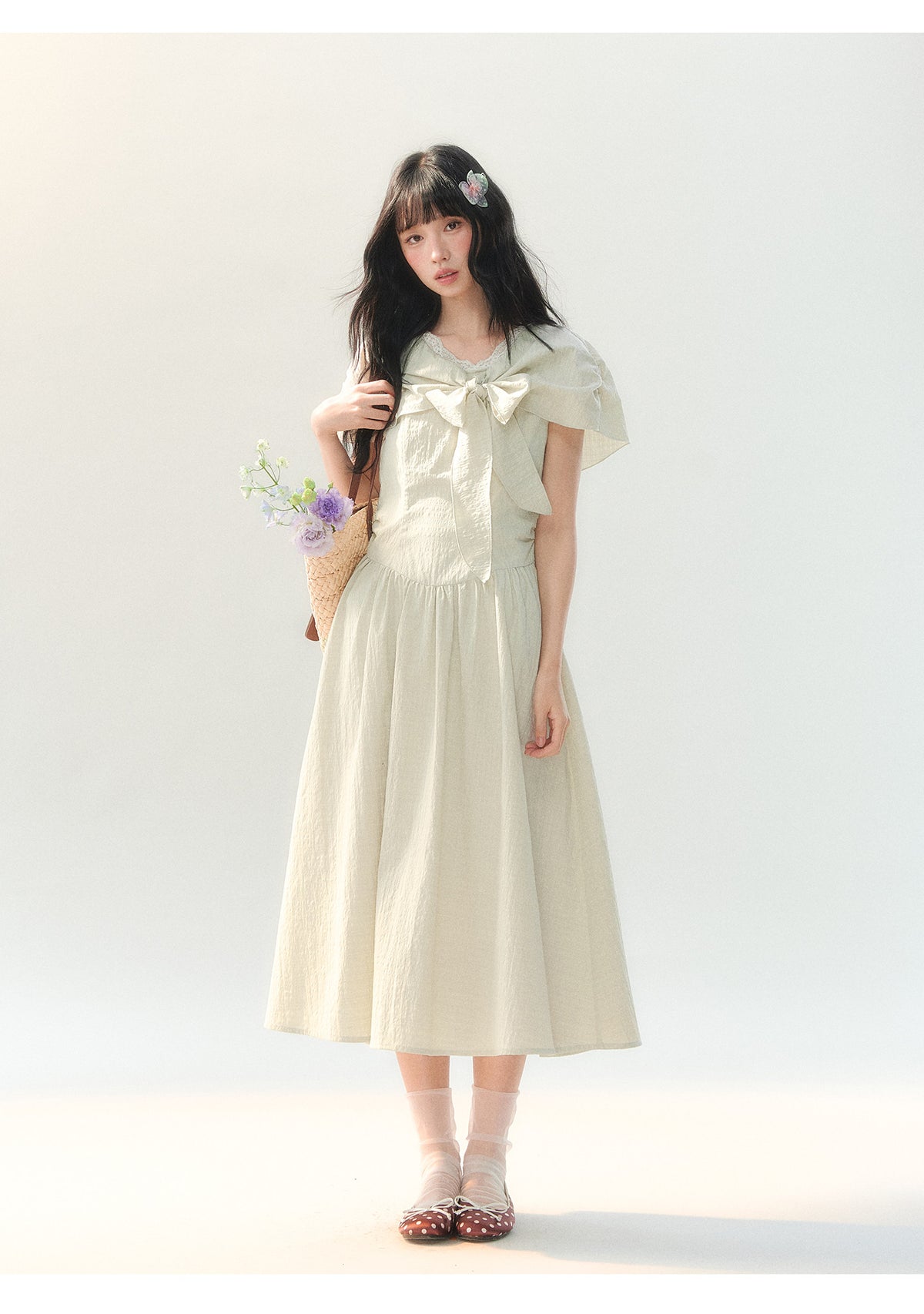 [CAN] "Willow Ribbon" Sage Green Cape Tie-Waist Midi Dress