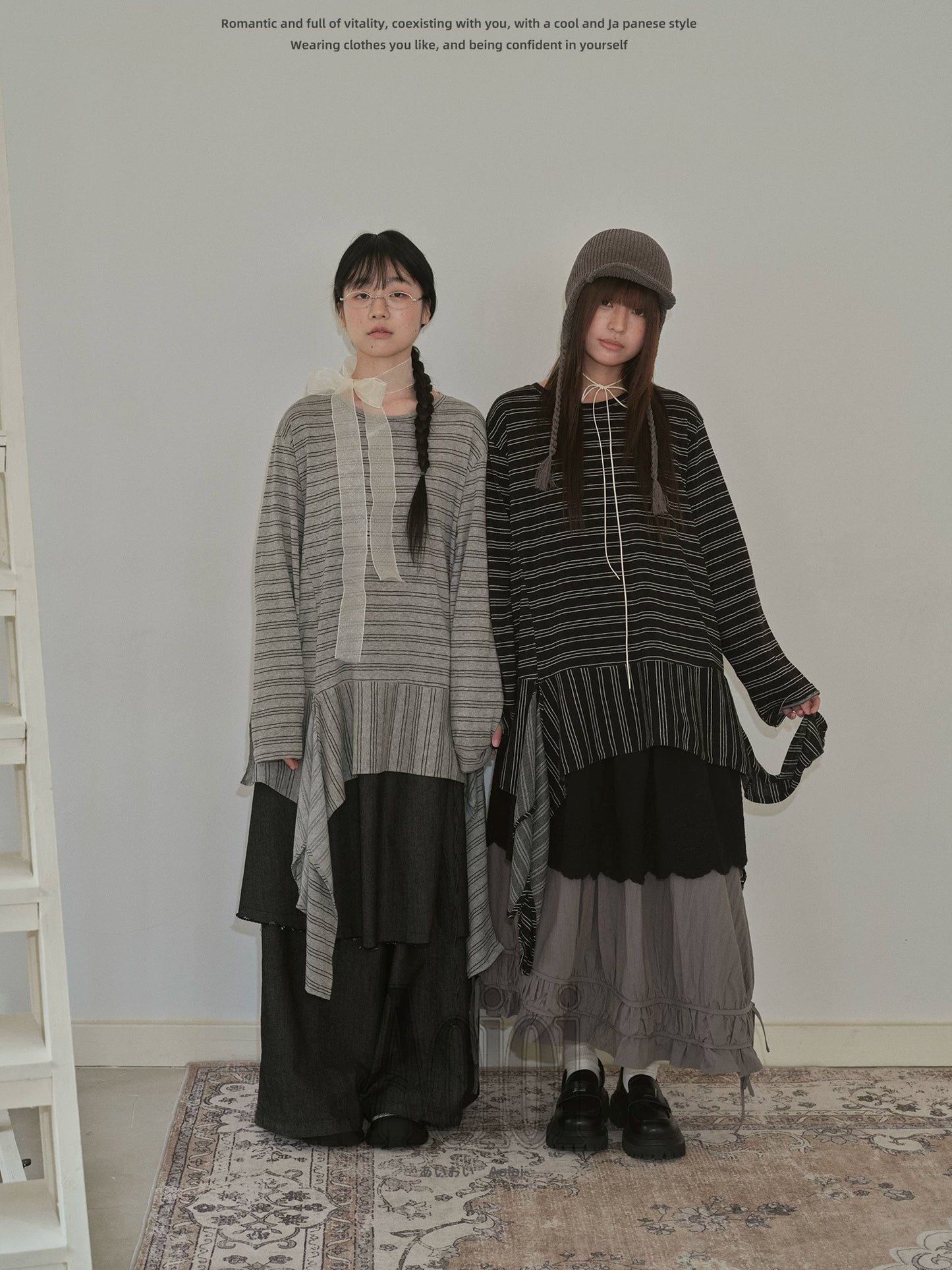 "Vintage Rhythm" Asymmetrical Knit Stripe Long Sleeve T-Shirt (Black / Gray)