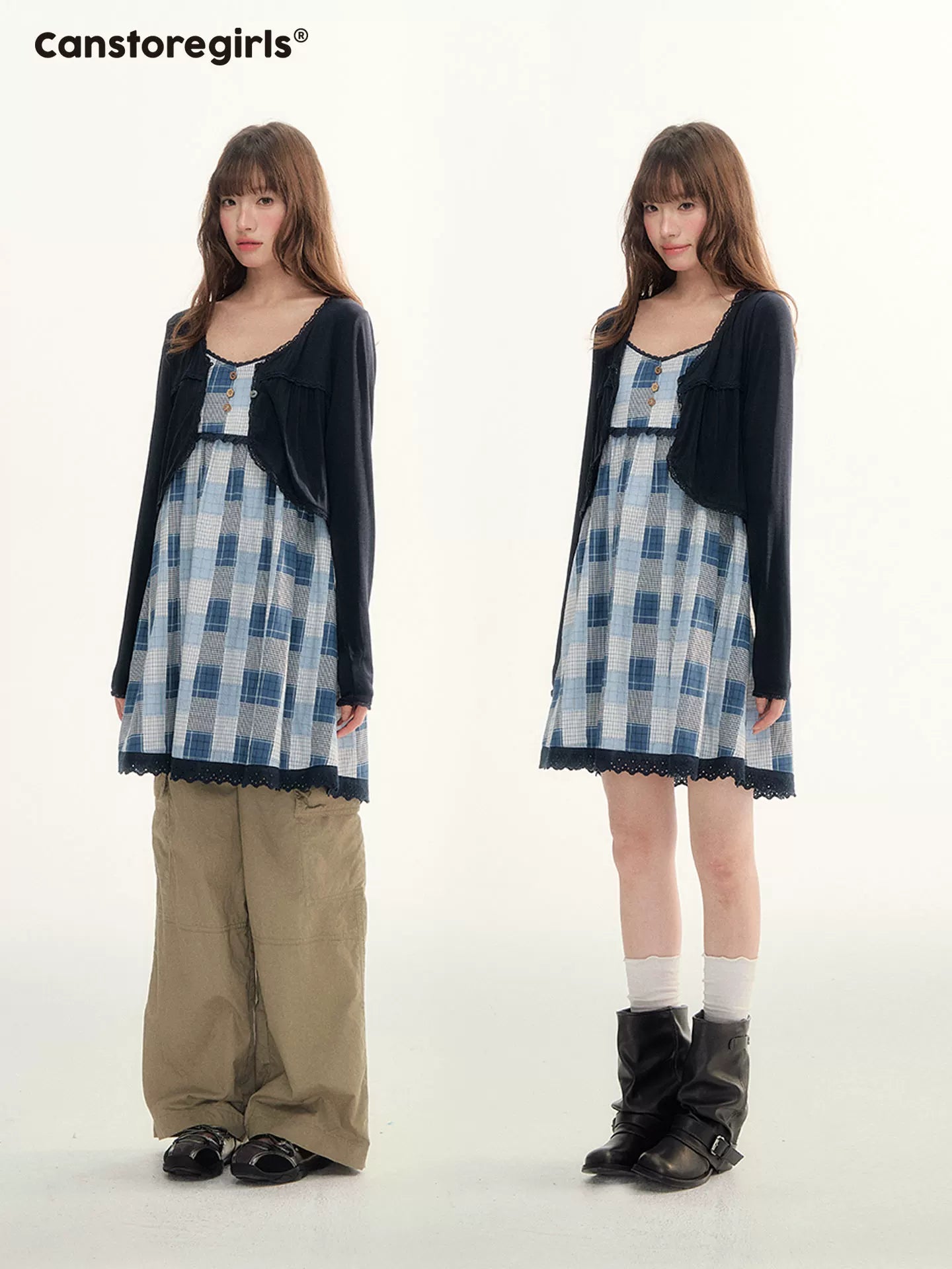 Blue Plaid Lace Trim Dress & Navy Cardigan Set  LL2026078