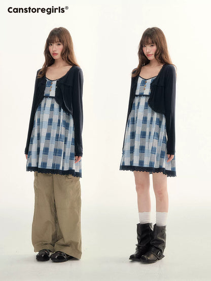 Blue Plaid Lace Trim Dress & Navy Cardigan Set  LL2026078