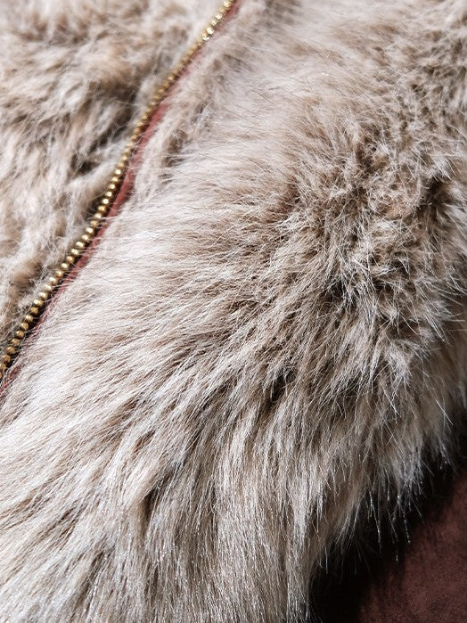 OAKMOO/ Burgundy Red Faux Suede Hooded Jacket with Ombre Faux Fur