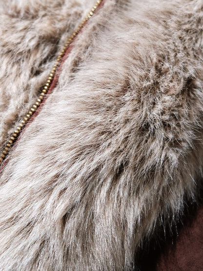 OAKMOO/ Burgundy Red Faux Suede Hooded Jacket with Ombre Faux Fur