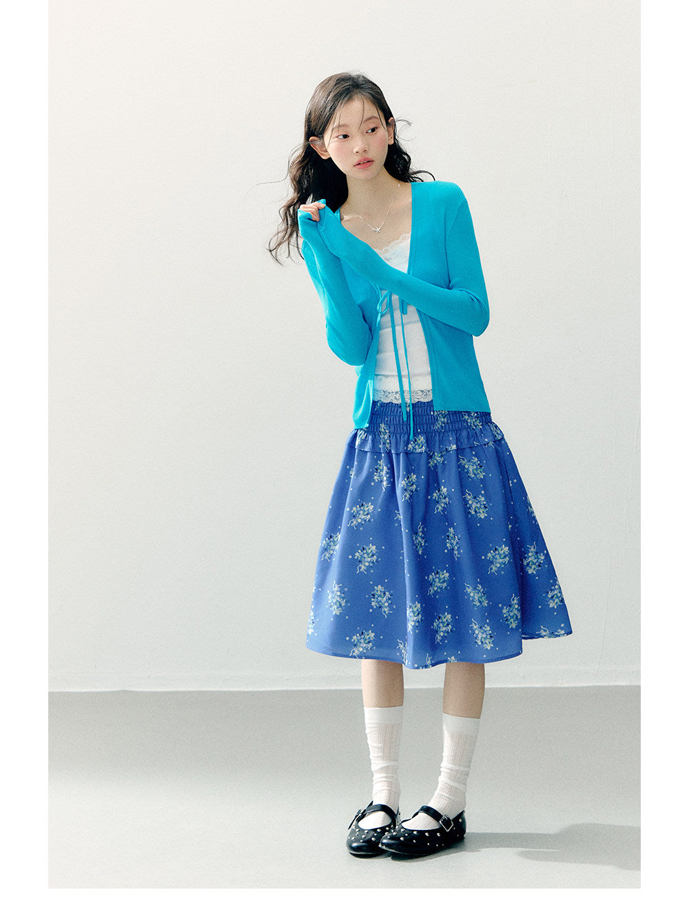 ANNATTO - Azure Bloom Blue Cardigan & Floral Midi Skirt Set