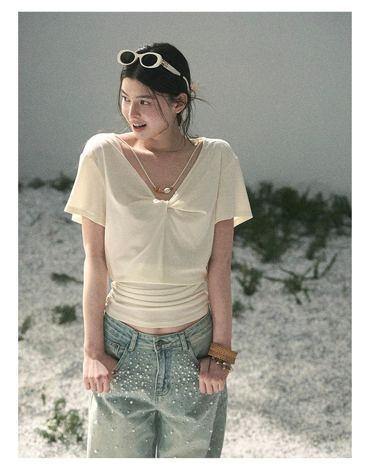 “White Between Breaths” Ivory Twist V-Neck Top