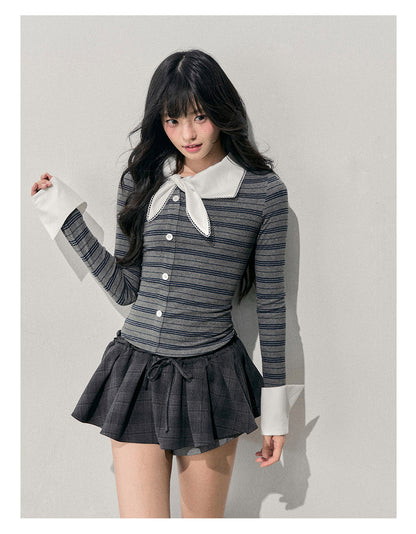 少也眼 “The Unsent Mailbox” Faux-Layered Stripe Long-Sleeve Top 26484