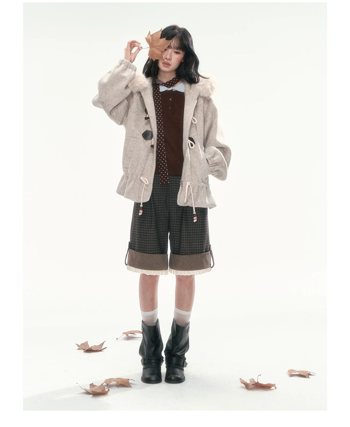 CAN - "Frosted Cloud Reverie" Beige Gray Detachable Faux-Fur Collar Wool-Blend Jacket