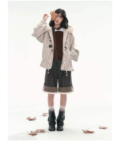 CAN - "Frosted Cloud Reverie" Beige Gray Detachable Faux-Fur Collar Wool-Blend Jacket