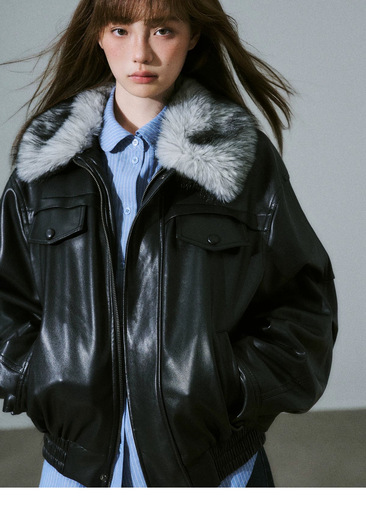LOST FOREST - Black Faux Leather Moto Jacket with Plaid Wool Collar