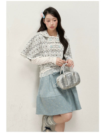 [RF] Mist Gray Argyle Jacquard Cropped Poncho-Style Pullover with Lace Trim