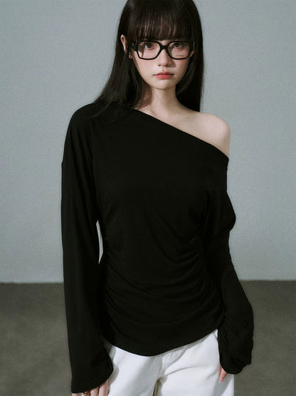 LOST FOREST - Black Lyocell-Wool One-Shoulder Long Sleeve Top