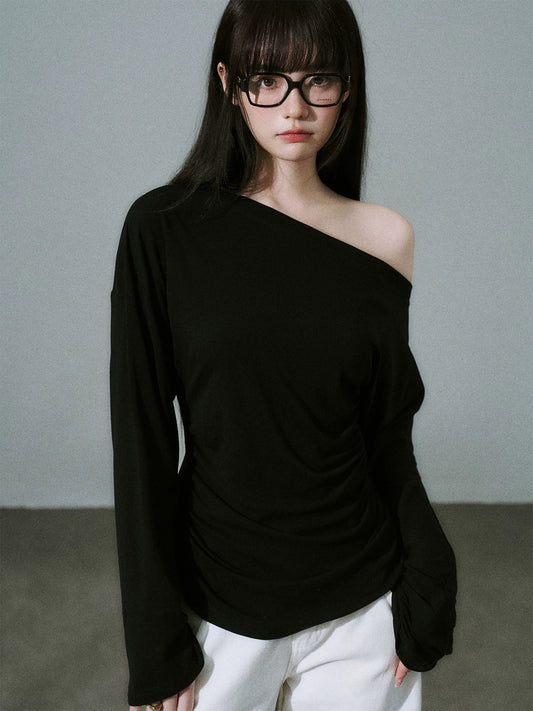 LOST FOREST - Black Lyocell-Wool One-Shoulder Long Sleeve Top
