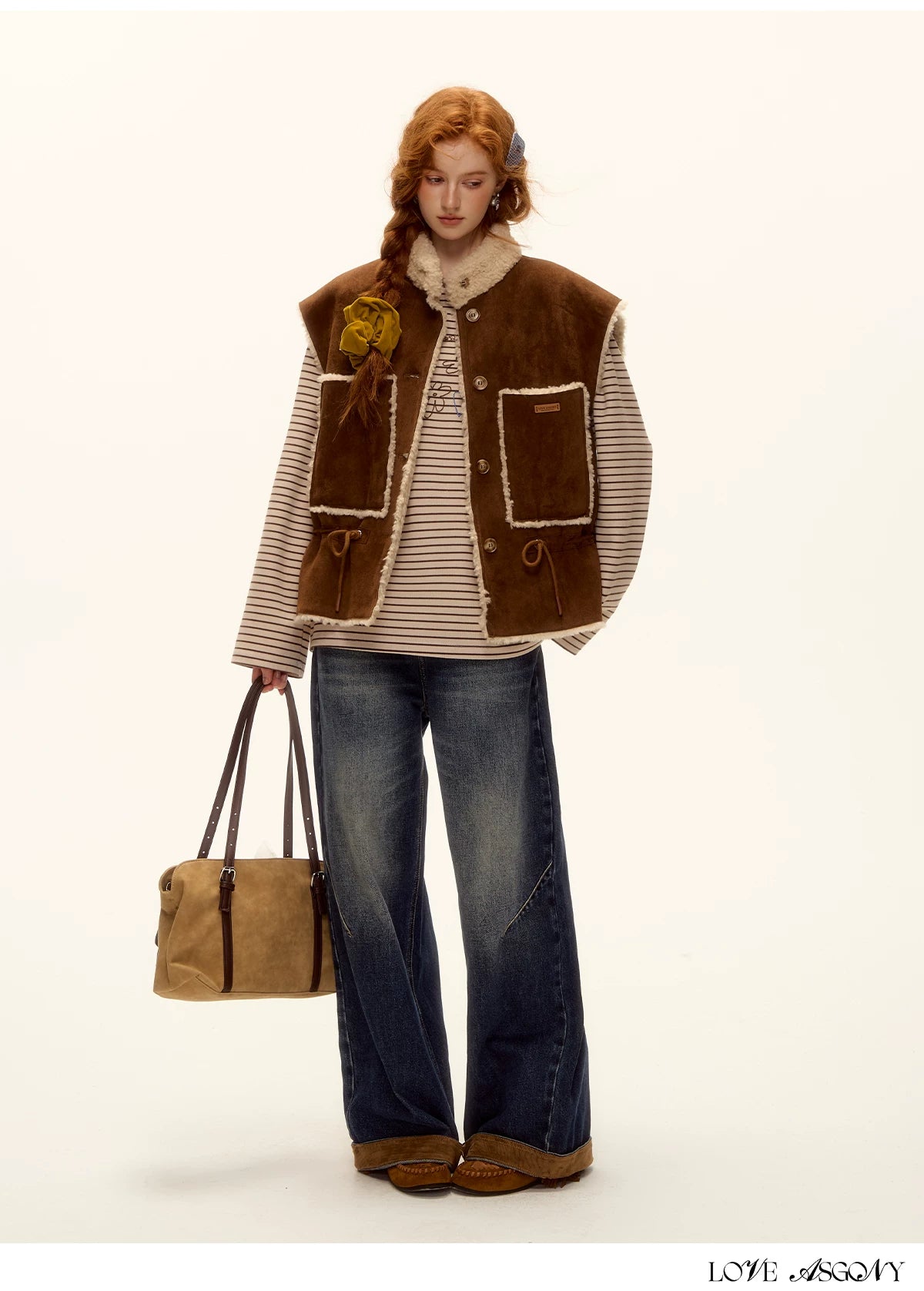 ASGONY - Brown Reversible Suede Faux Shearling Drawstring Vest