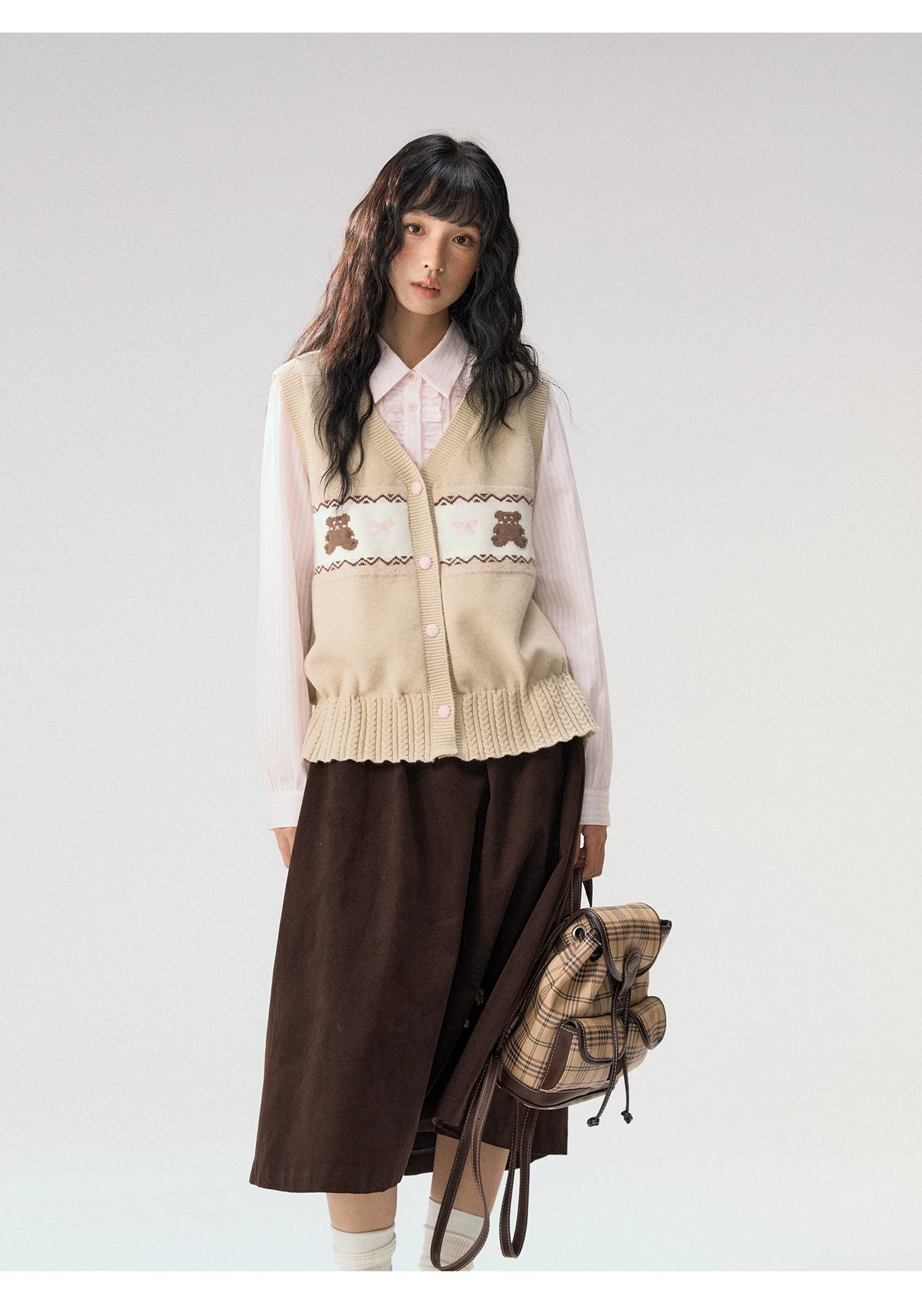 [CAN] "Bear Waltz" Brown Bow Jacquard Knit Vest