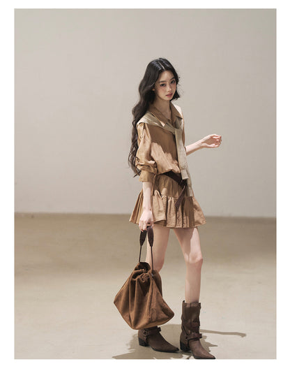 170726 "Through the Golden Wheat Fields" Chestnut Brown Utility Shirt Mini Dress with Belt & Shorts