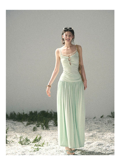 “Mint Afterglow” Jade Green Twist Cutout Top & Maxi Skirt