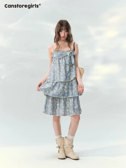 “Blue Mist Petals” Dusty Blue Floral Tiered Mini Dress LL2026120