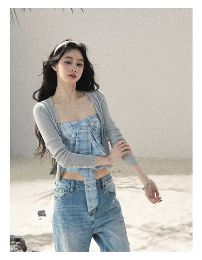 "Blue Danube Reverie" Mist Blue Bow Bandeau Crop Top & Cardigan Set 54638463