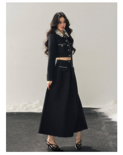 少也眼 "Whispers of Lace" Black French Lace Two-Piece Skirt Set