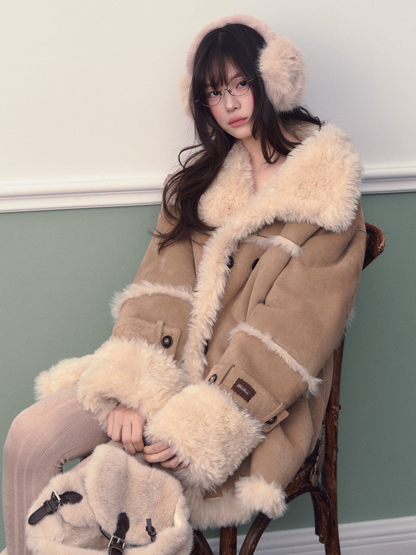 Soote Season - Oversized Korean-Style Faux Suede Shearling Collar Mid-Length Coat - Camel Brown