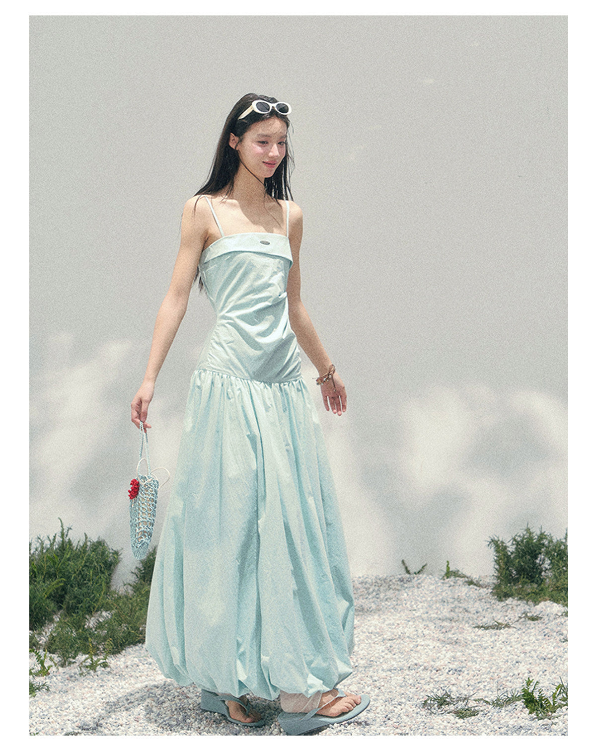 “She Passed Through Bloom Season” Glacier Blue Bubble Maxi Dress