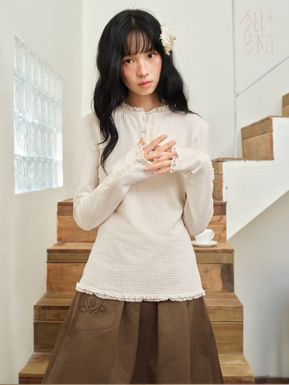 DAILY ARTIST - Cream Beige Henley Bubble Gauze Lace-Trim Top