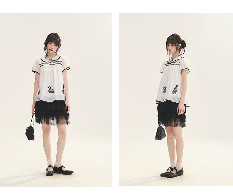"Black & White Sonata" Polka Dot Mesh Tiered Jellyfish Skirt (White/ Black)