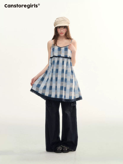 Blue Plaid Lace Trim Dress & Navy Cardigan Set  LL2026078