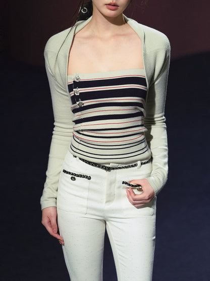 Vintage Stripe Contrast Knit Cami & Cropped Cardigan Set (Light Gray/ Black Blue)