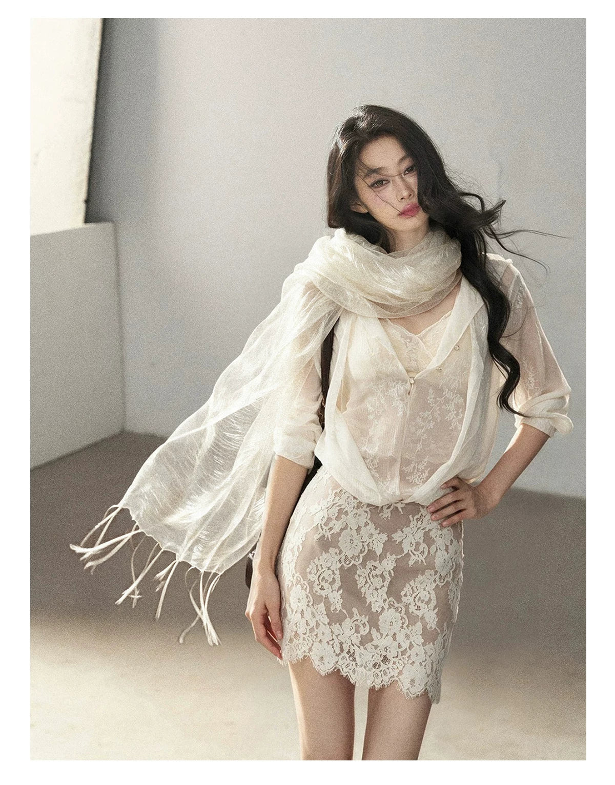 AOMALM - 100% Silk Sheer Fringe Scarf