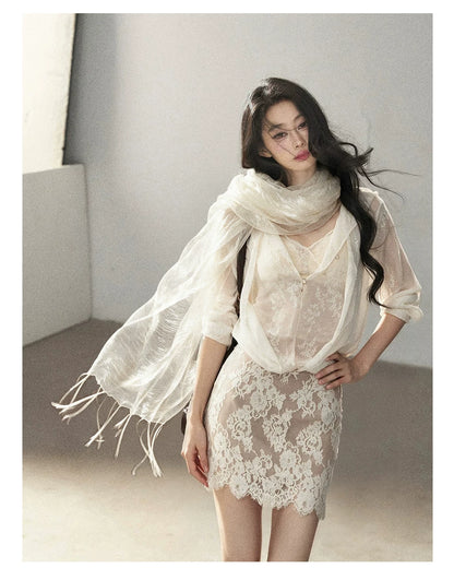 AOMALM - 100% Silk Sheer Fringe Scarf
