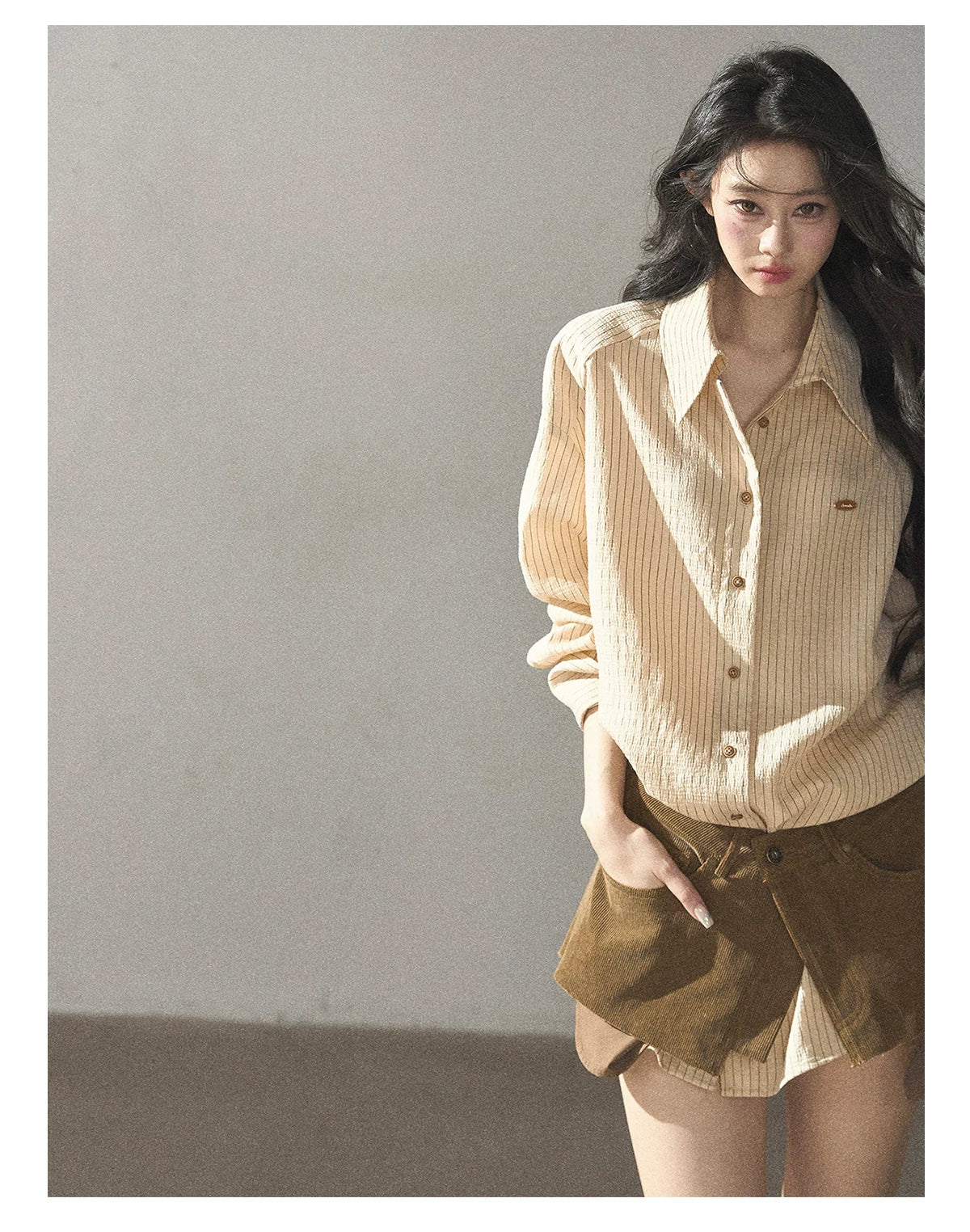 AOMALM - "Autumn Botanicals" Amber Yellow Striped Shirt & Wrap Faux Half-Skirt Set