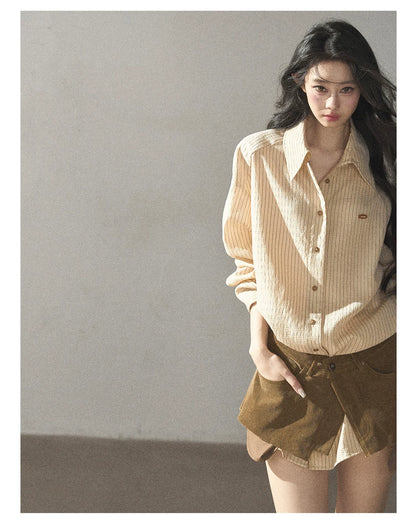 AOMALM - "Autumn Botanicals" Amber Yellow Striped Shirt & Wrap Faux Half-Skirt Set
