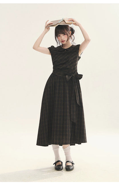 "Vintage Scholar" Black Brown Plaid Bow Tie Peter Pan Collar Maxi Dress