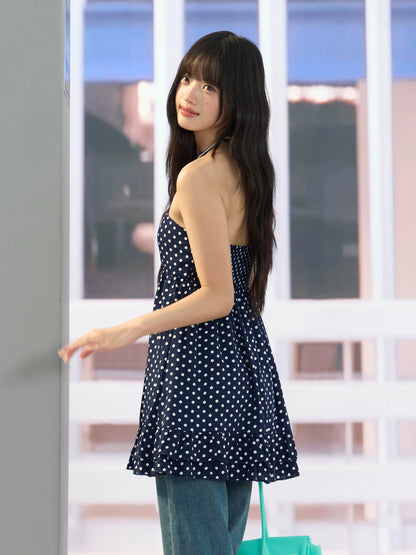"Midnight Departure" Navy Polka Dot Convertible Babydoll Dress