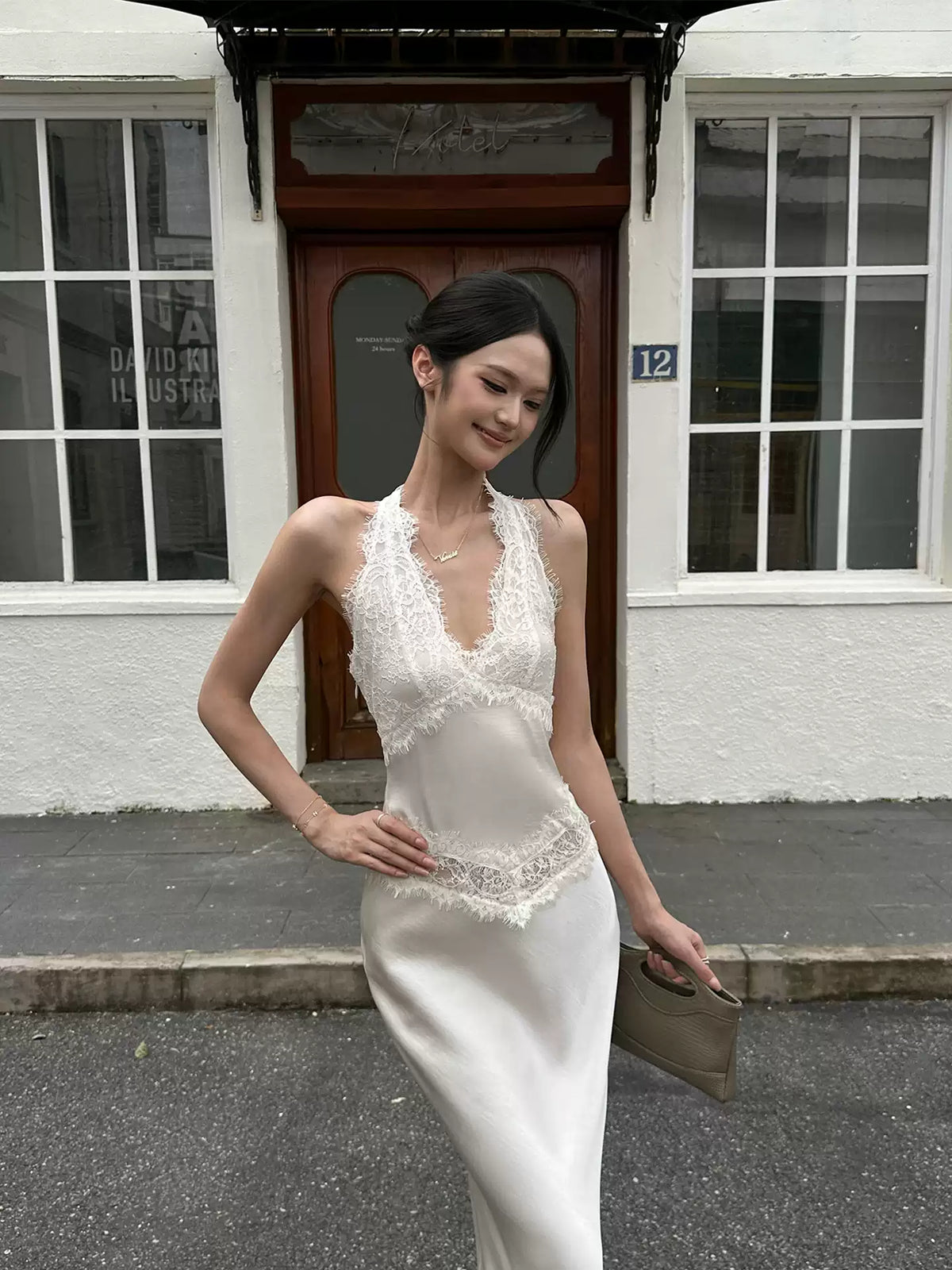 VENUIE - Champagne Satin Lace-Trim Halter Mermaid Maxi Dress