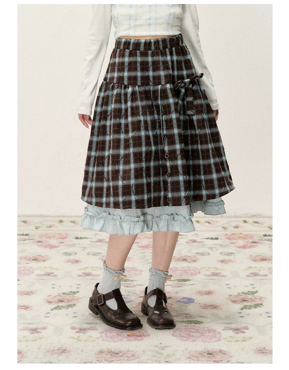 [RF] Blue & Brown Plaid Midi Skirt with Floral Buttons & Ruffle Trim