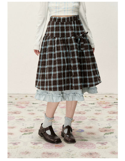 [RF] Blue & Brown Plaid Midi Skirt with Floral Buttons & Ruffle Trim