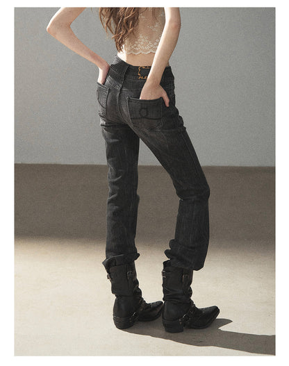 170726 "Her Quiet Shore" Rock Black Mid-Rise Flared Jeans